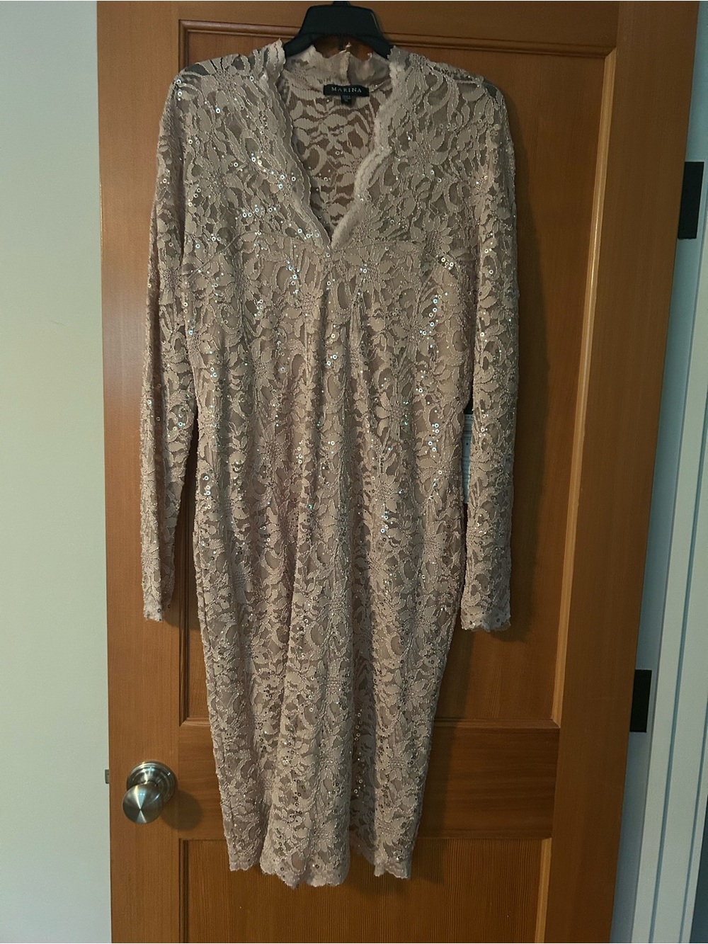 NWT MARINA Blush Lace Sequin Long Sleeve V-Neck Dress